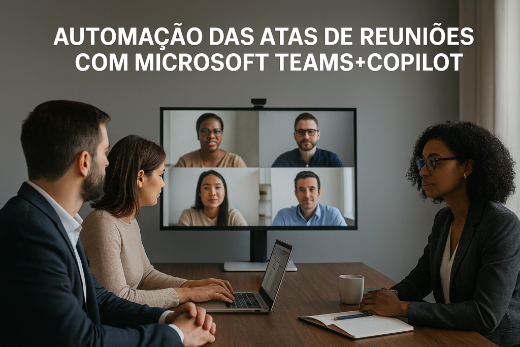 Reunião remota moderna ilustrando a automação de atas com Microsoft Teams e Copilot, destacando colaboração inteligente, produtividade corporativa e integração de IA para melhorar governança, decisões e compliance.